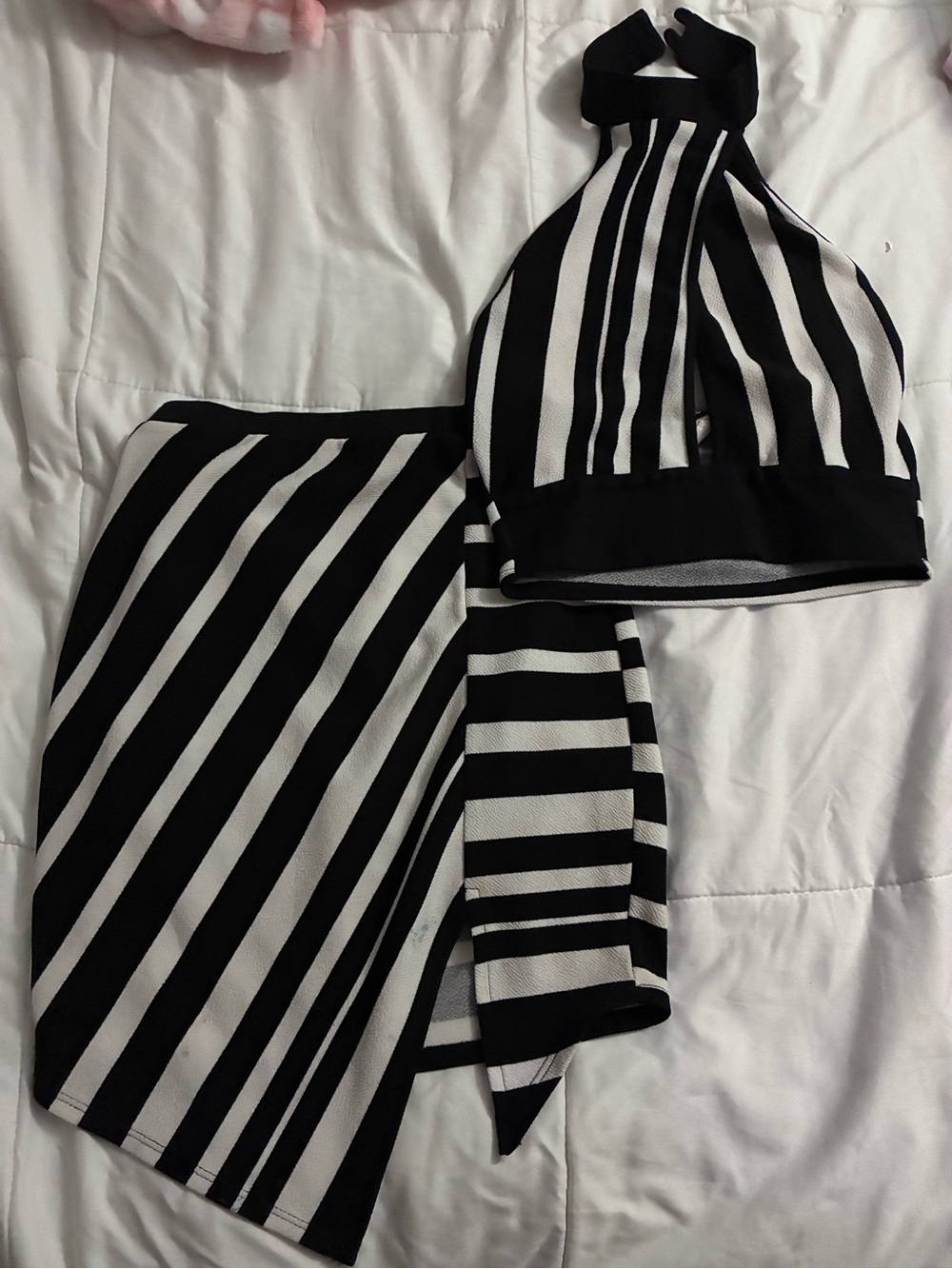 Striped Black & White Two-Piece Halter Crop Top and Skirt Set
